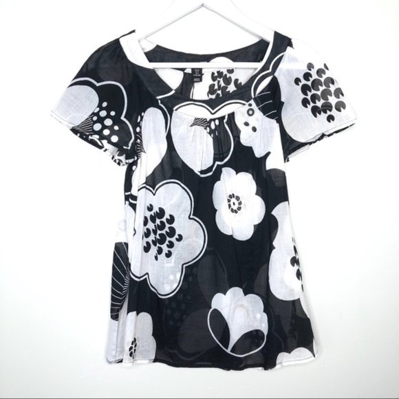 H&M Women’s Large Floral Print Cotton Blouse Top Flutter Sleeve Black White Sz 4 - Picture 5 of 9